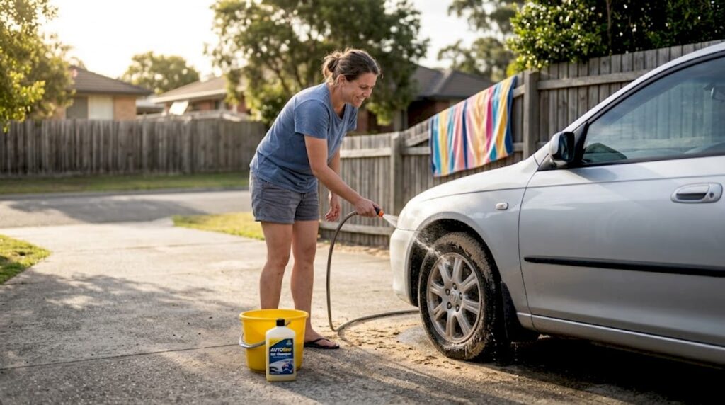 Person rinsing sand from car after beach trip