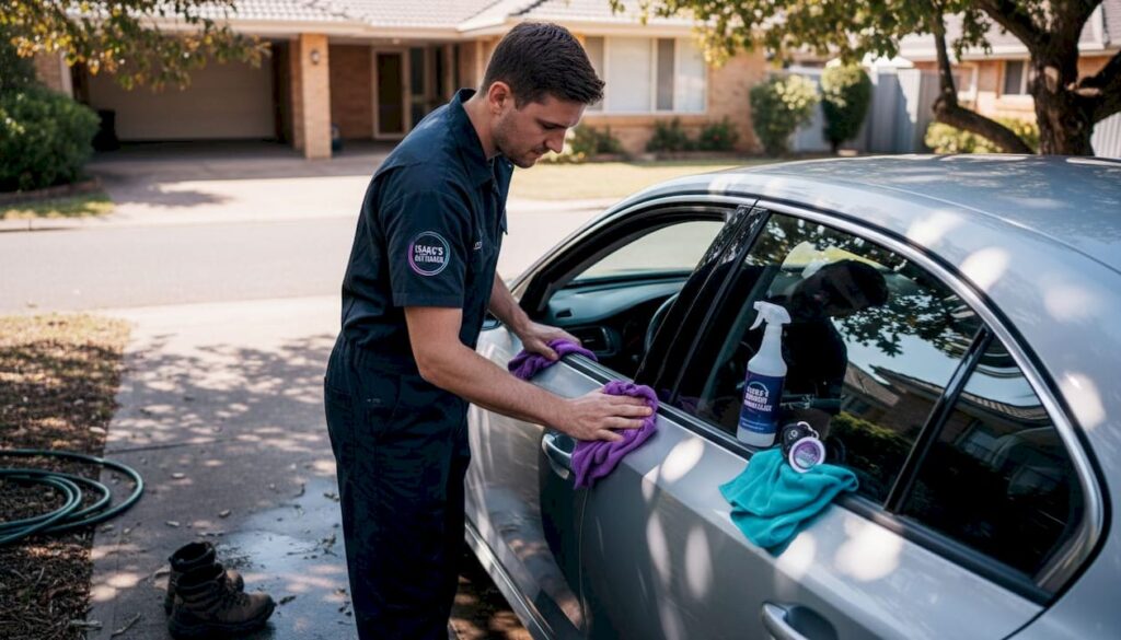 Technician detailing car interior and exterior in driveway