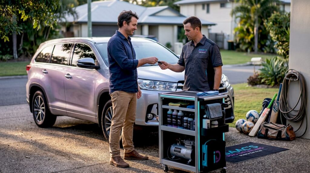 Car owner meets mobile detailer in driveway