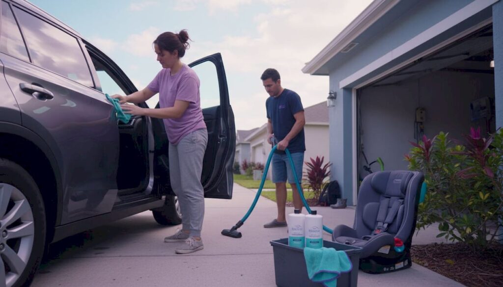 Family cleaning car using eco-friendly products