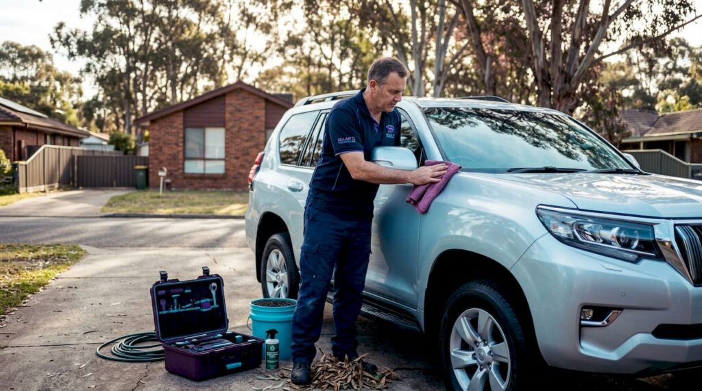 Detailer cleaning SUV in sunny driveway