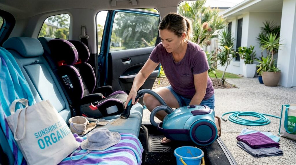 Woman vacuuming family car interior
