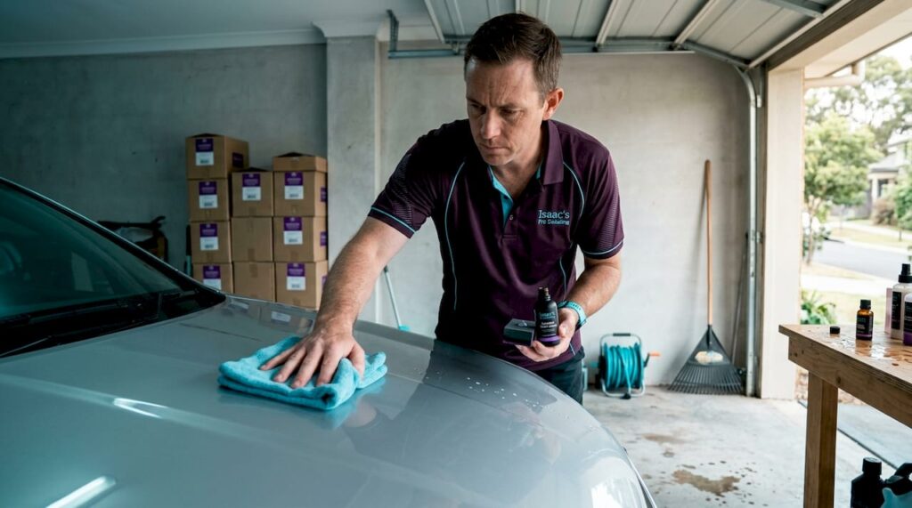 Car owner applying ceramic coating in garage