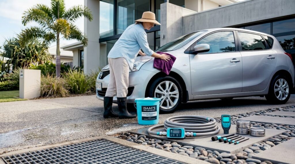 Eco-friendly car wash in suburban driveway