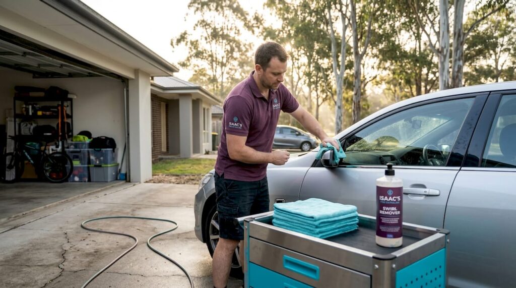 Detailer washing car on driveway in morning