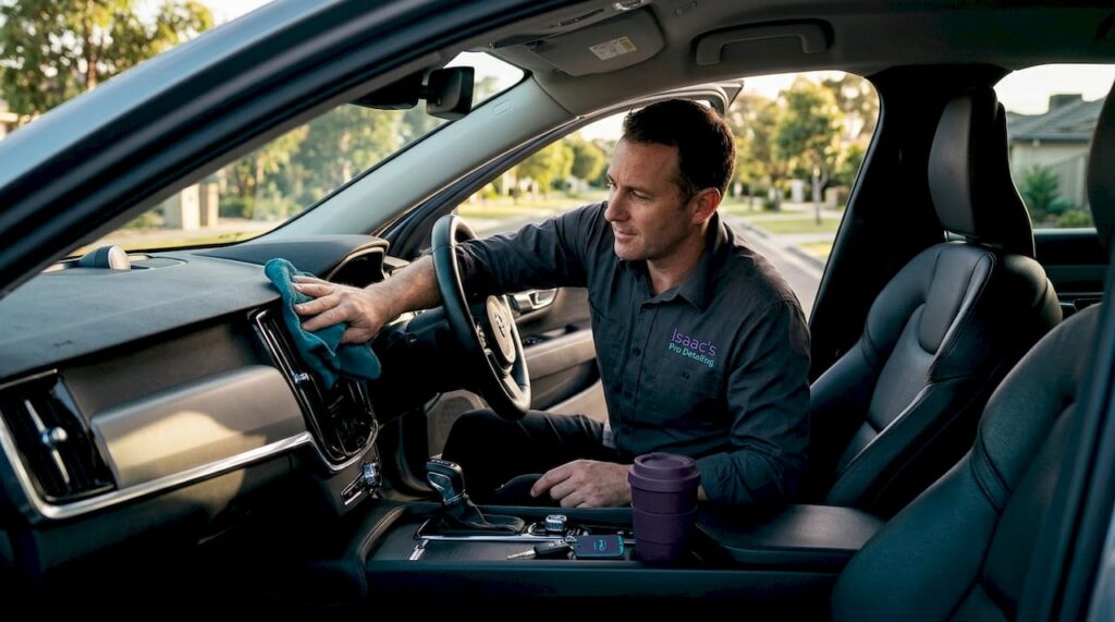 Person cleaning car dashboard in parked sedan