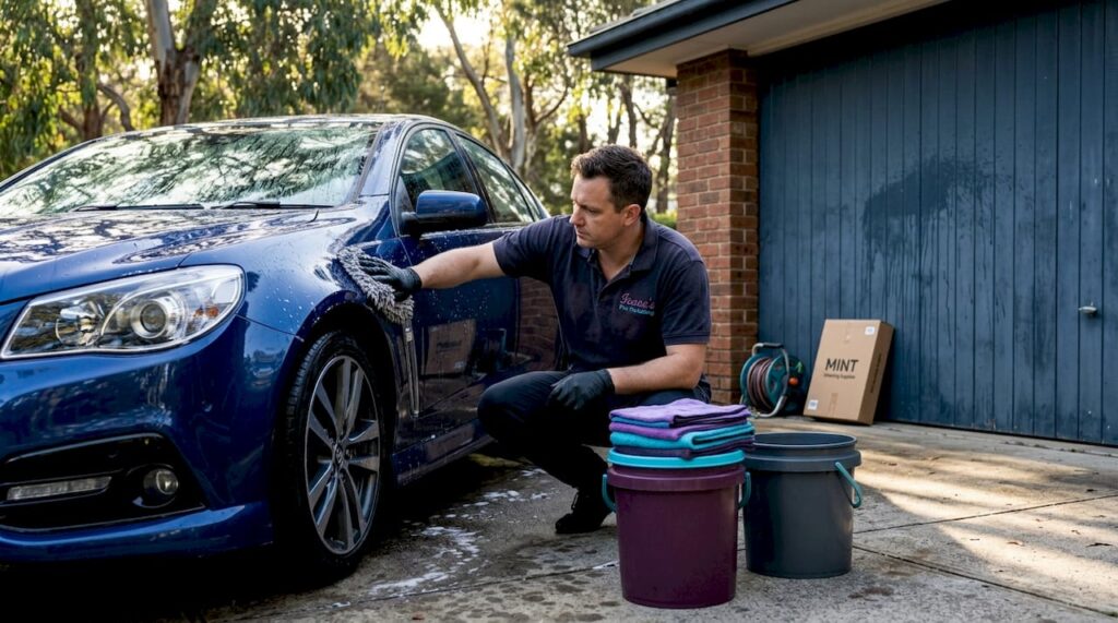 Detailer washing car for paint protection