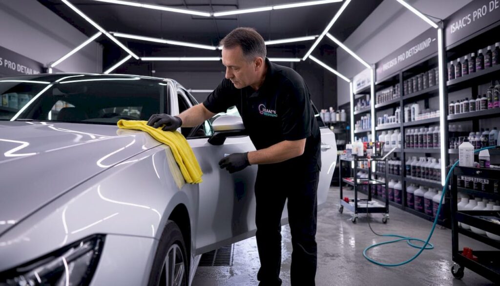 Detailer applying ceramic coating to car