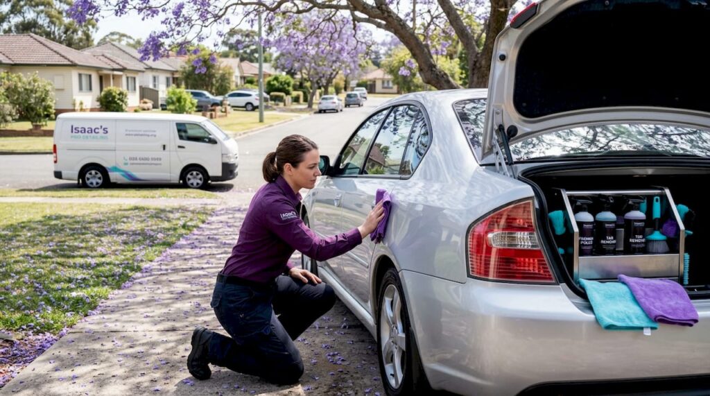 Woman removing coffee stain from car door