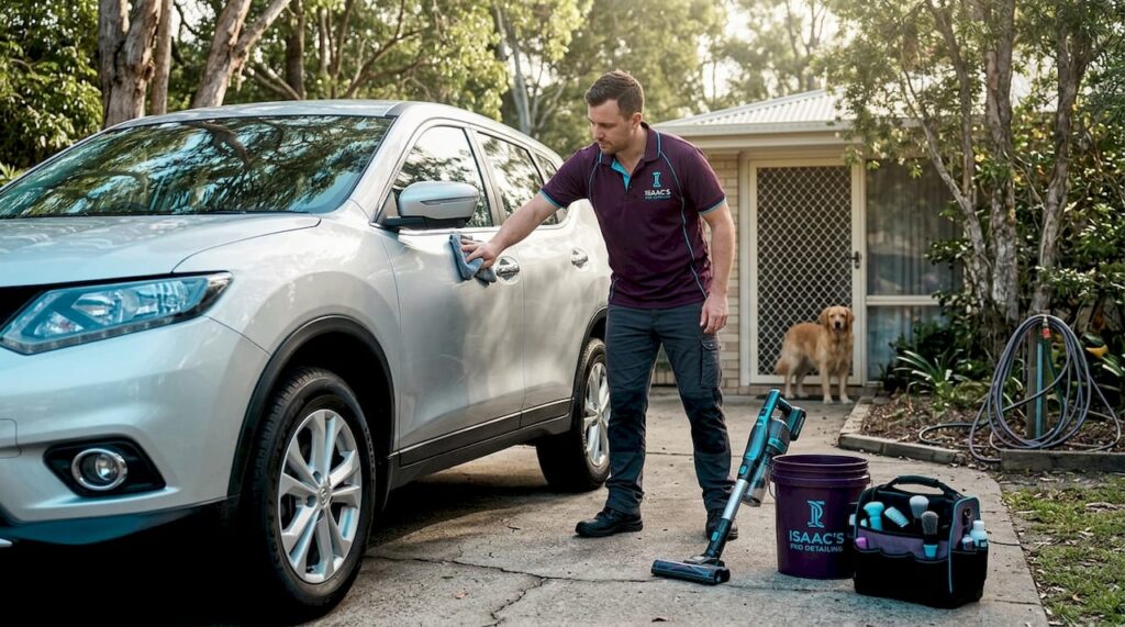 Mobile car detailer working in driveway
