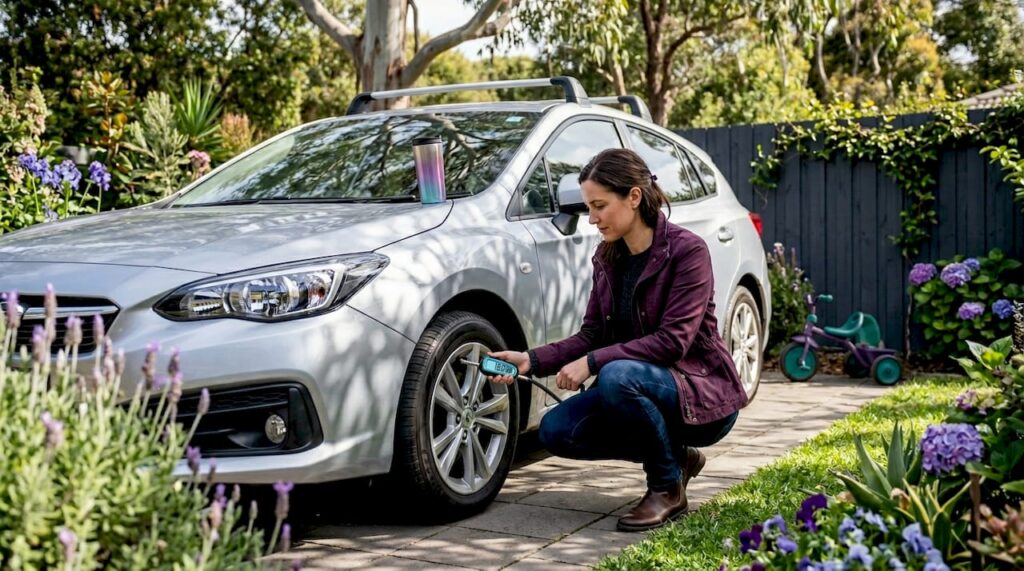 Woman quickly checking car tyres in driveway