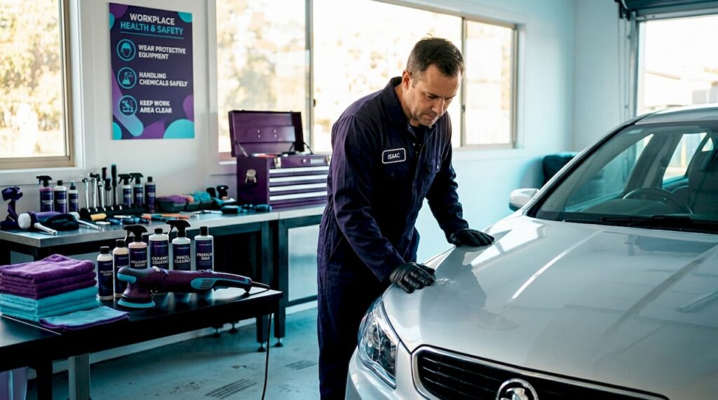 Detailer examining car hood for paint correction