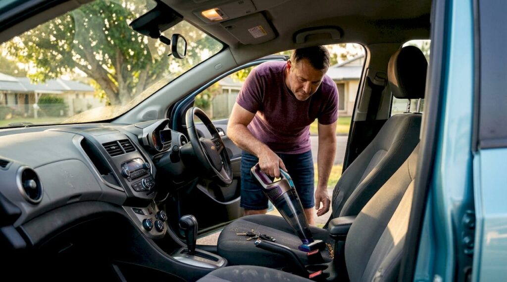 Man vacuuming car interior Sunshine Coast