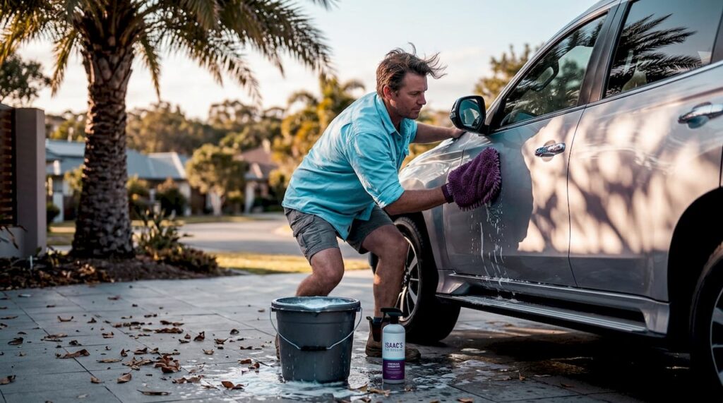 Man washing SUV in sunny driveway