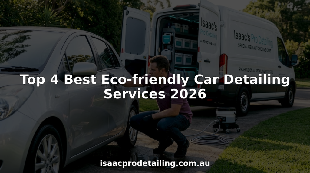 Eco-friendly car detailer working beside hatchback in driveway