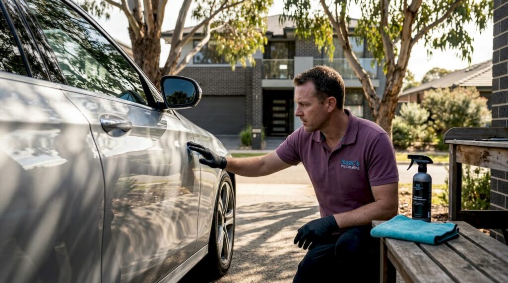 Car detailer inspecting ceramic-coated surface