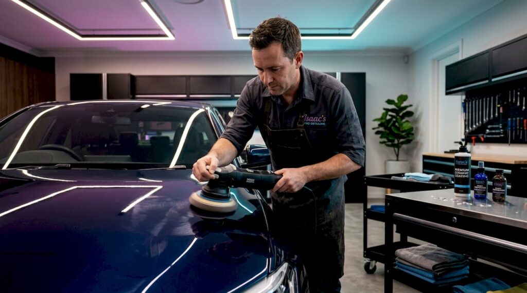 Car detailer applying coating in garage