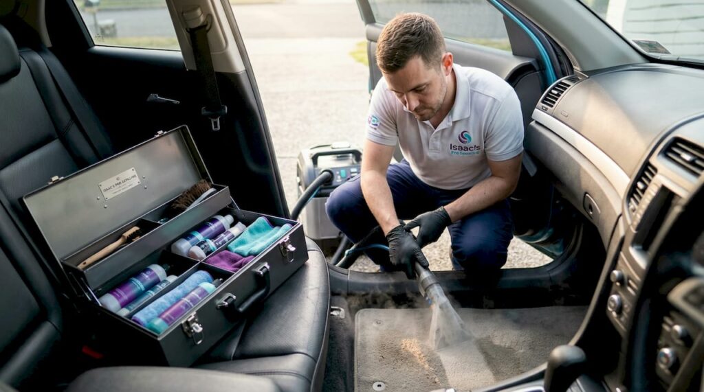 Auto detailer using hot water extractor in car interior