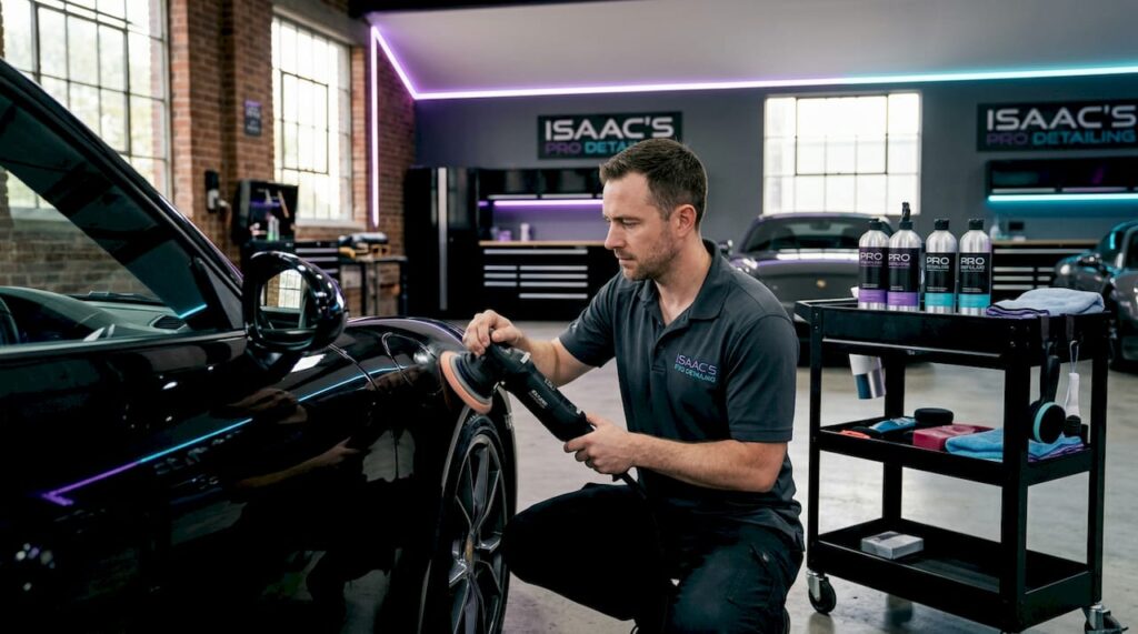 Auto detailer preparing workspace in garage