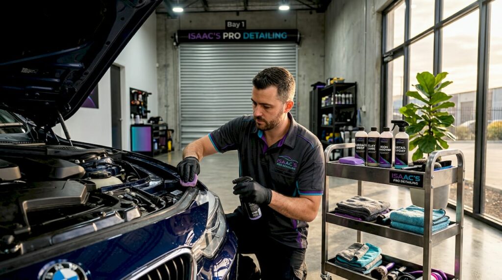Detailer cleaning sedan fender in garage