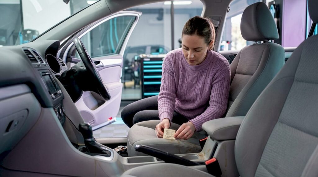 Woman checking fabric code in car seat