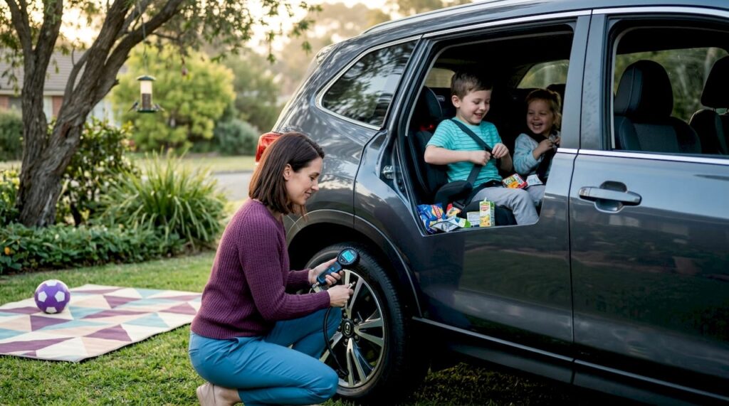 Mother checking tire during family car routine