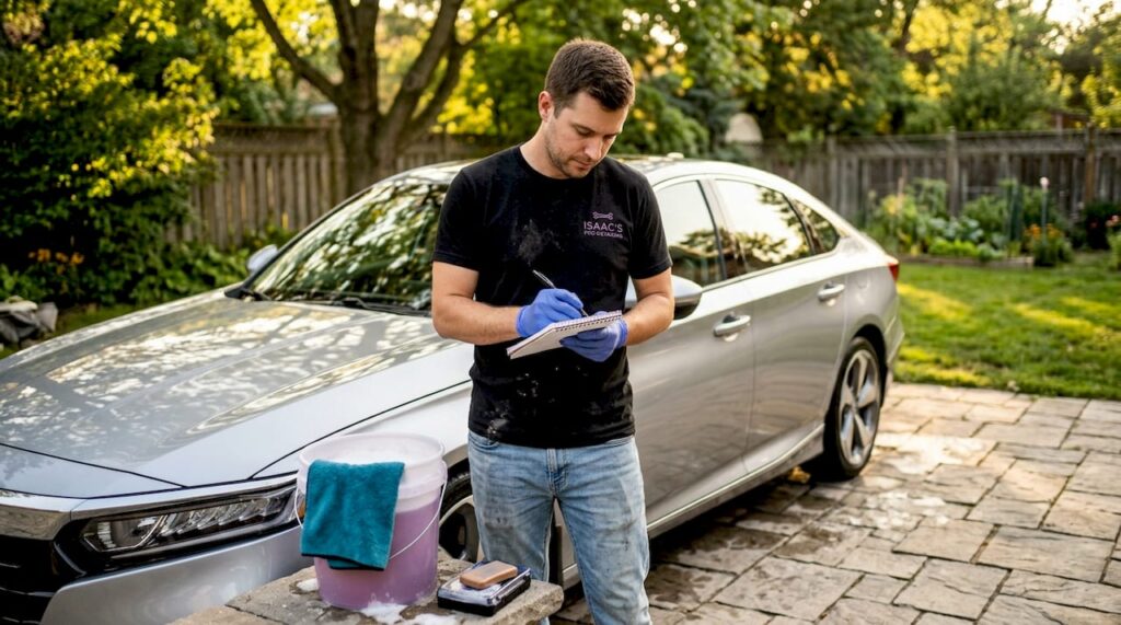 Man checking car paint enhancement checklist outdoors