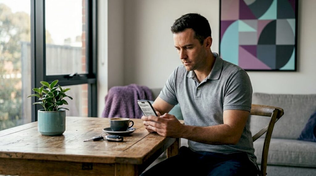 Car owner reading car care reviews at kitchen table