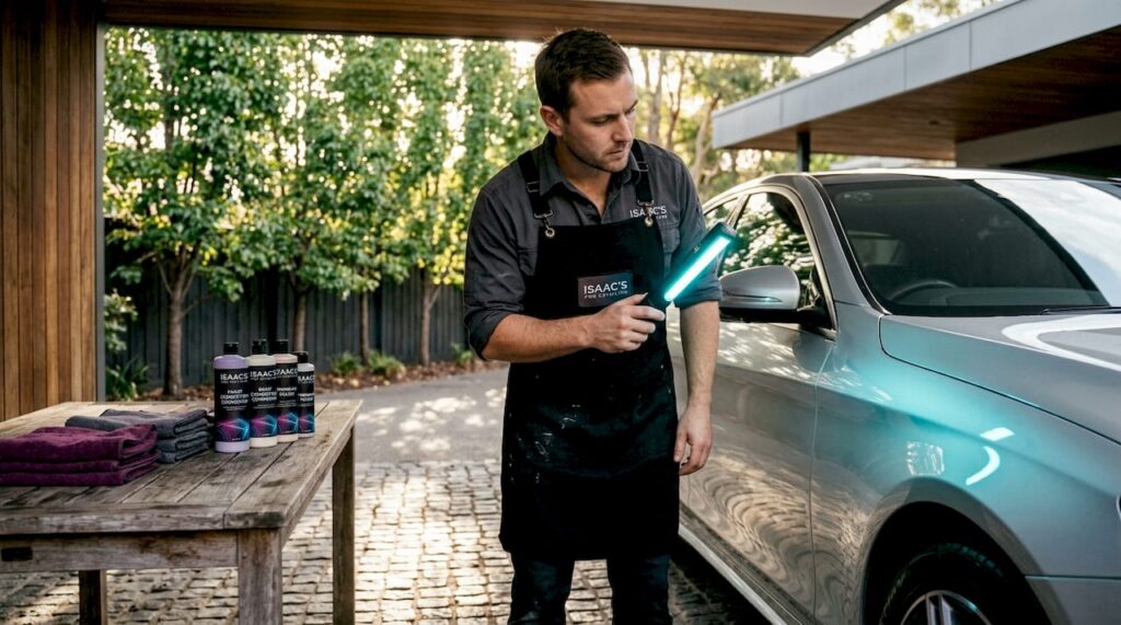 Detailer inspecting car paint with LED light