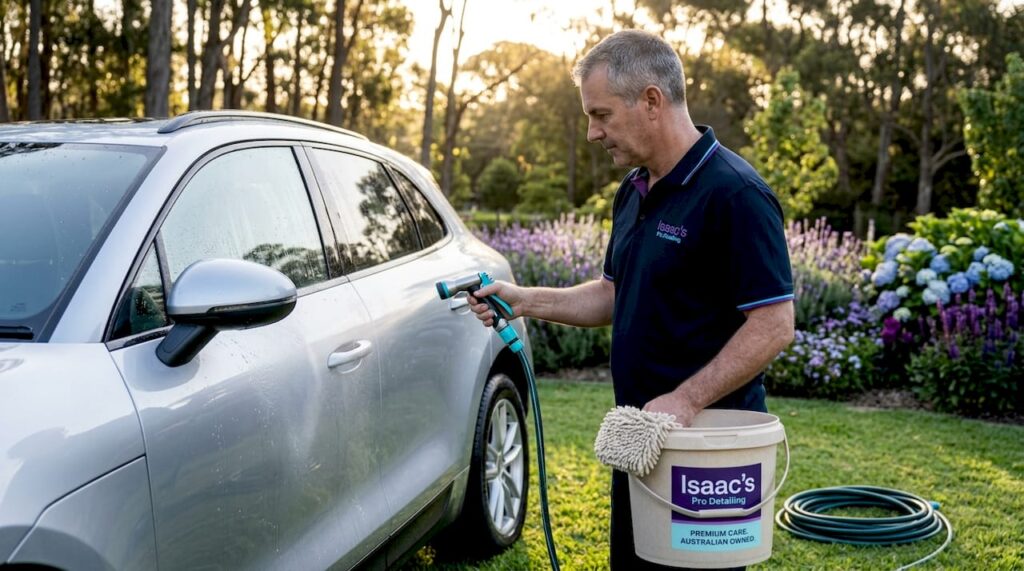 Man washing car eco-friendly at home driveway