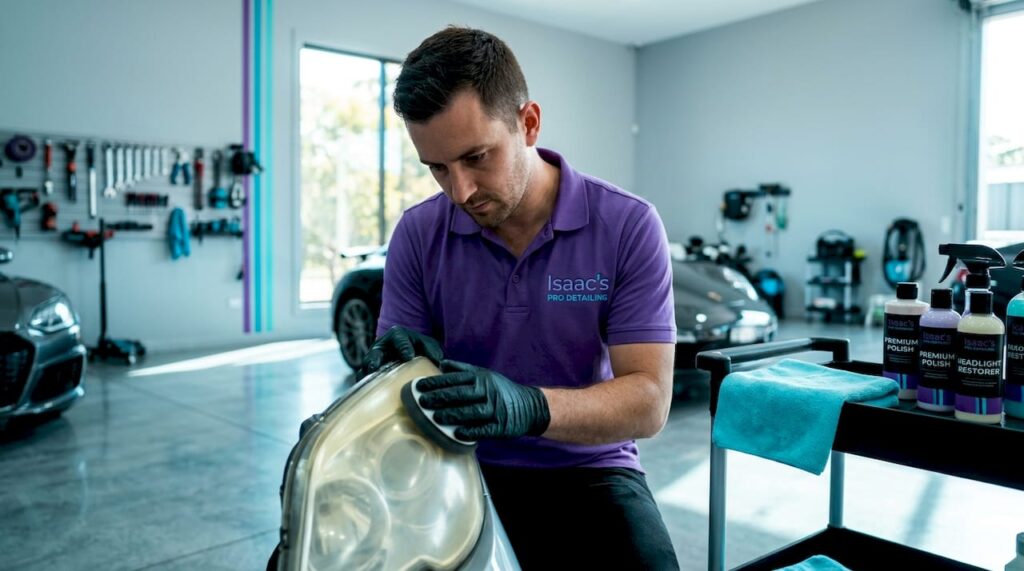 Auto detailer restoring car headlight in workshop