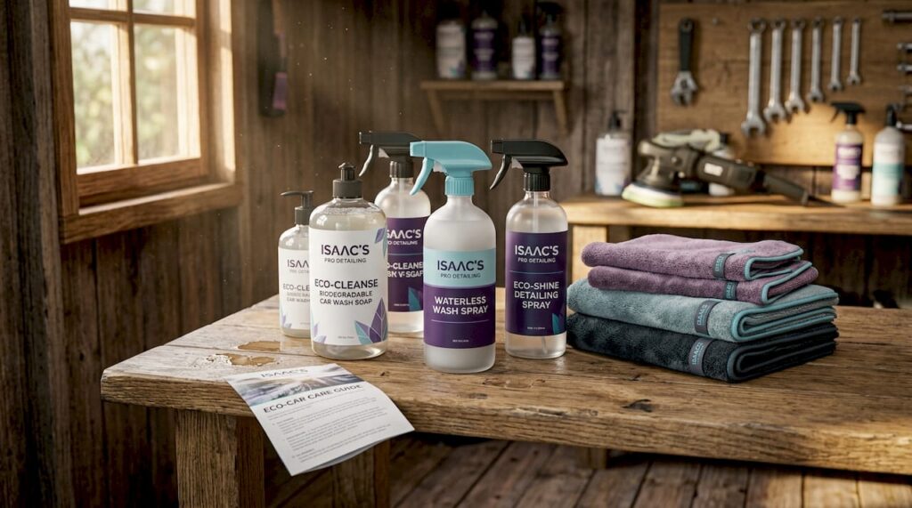 Eco-friendly car care products arranged on bench