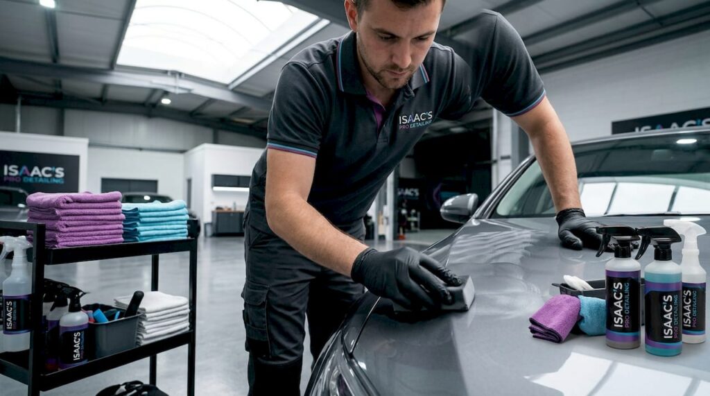 Technician applying ceramic coating to car hood