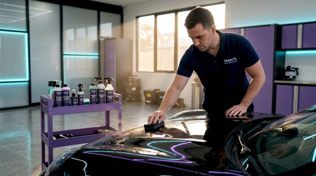 Detailer applying ceramic coating on car hood