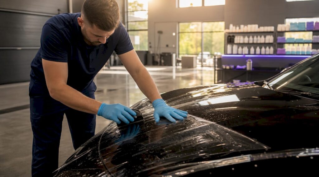Technician applying clear paint protection film on car hood