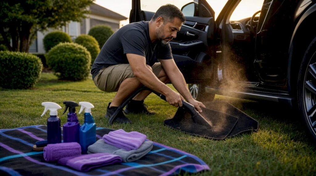 Man vacuuming car interior to remove odours