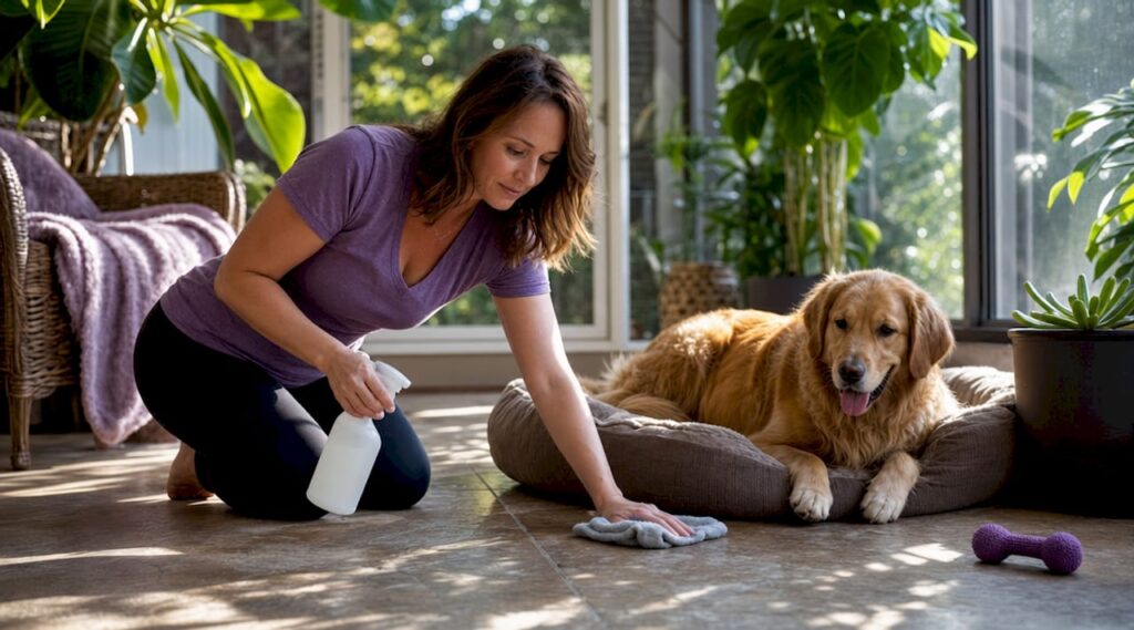 Woman cleaning floor near dog bed with pet-safe product