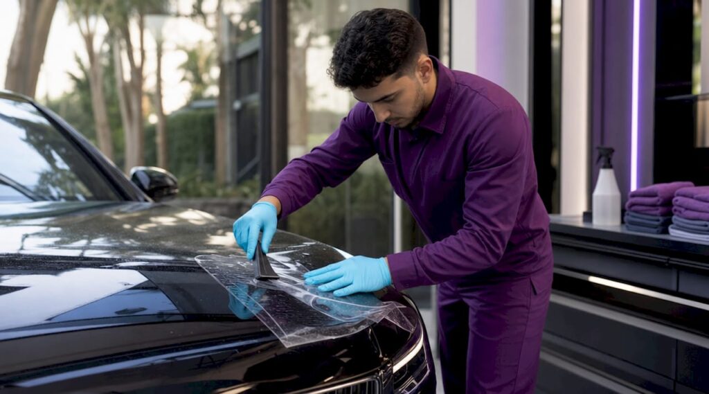 Technician applying paint protection film
