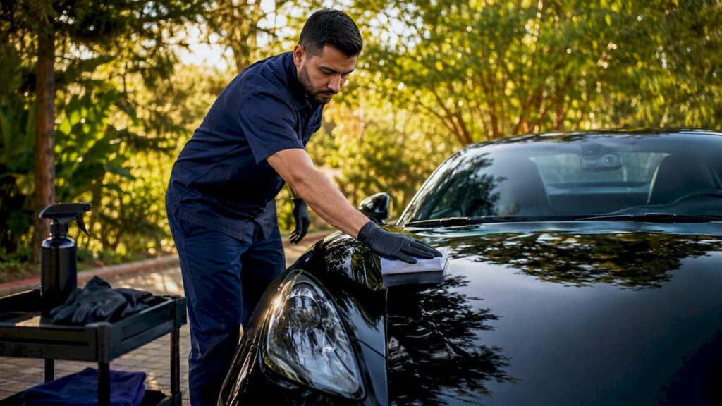 Car detailer applying sun protection coating to vehicle