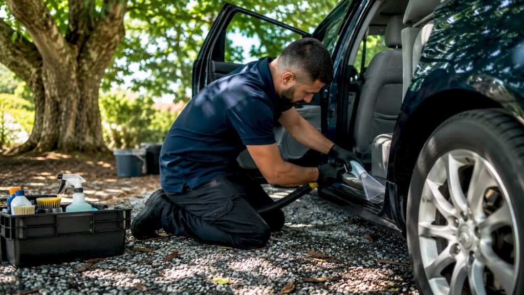 Man using carpet extractor on car floor