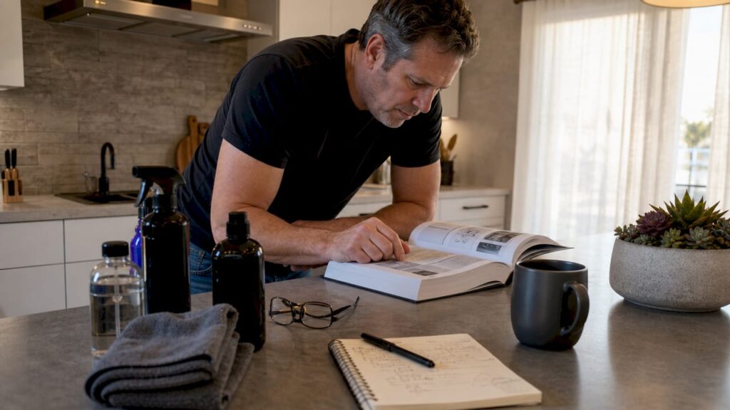 Man reading vehicle owner's manual at kitchen table