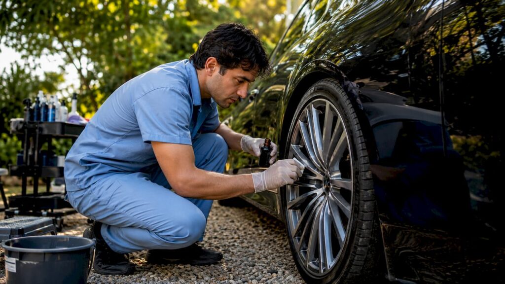 Technician applying ceramic coating to alloy wheel