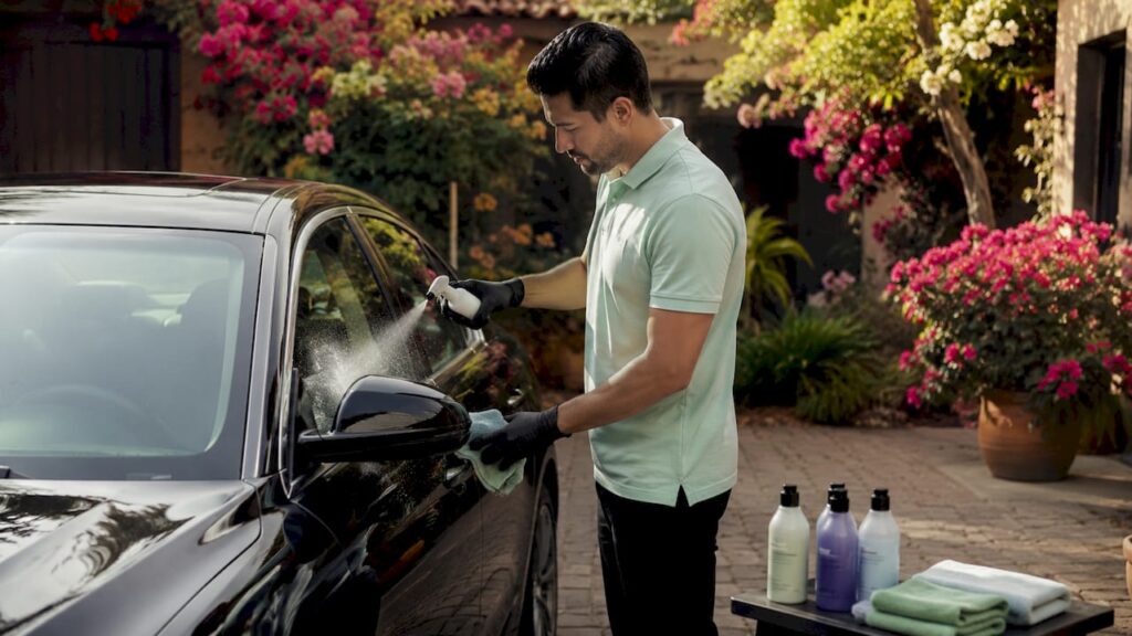 Eco-detailer spraying waterless wash outdoors
