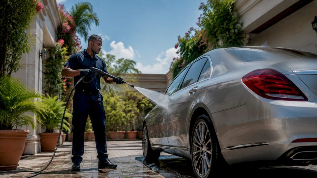 Car detailer using high-pressure water for contactless clean