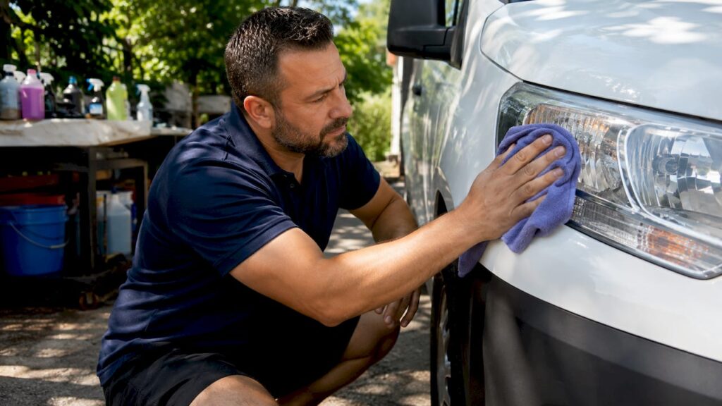 Professional detailer cleaning fleet van outdoors
