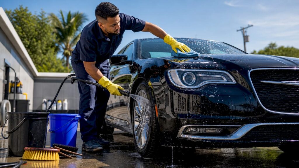 Detailer spray-cleaning car side mirror outdoors