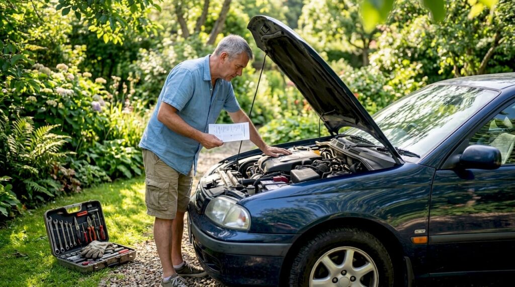 Man inspecting car engine with checklist