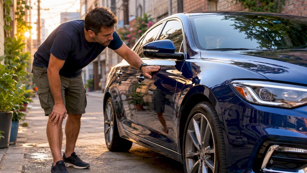 Car owner inspecting freshly detailed car exterior