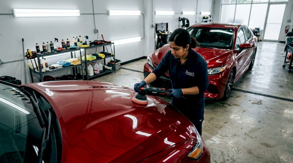 Detailer polishing car hood indoors