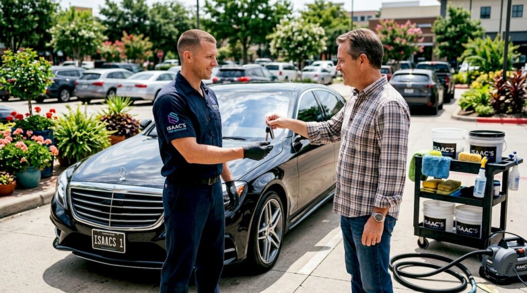 Customer handing keys to car detailer outdoors